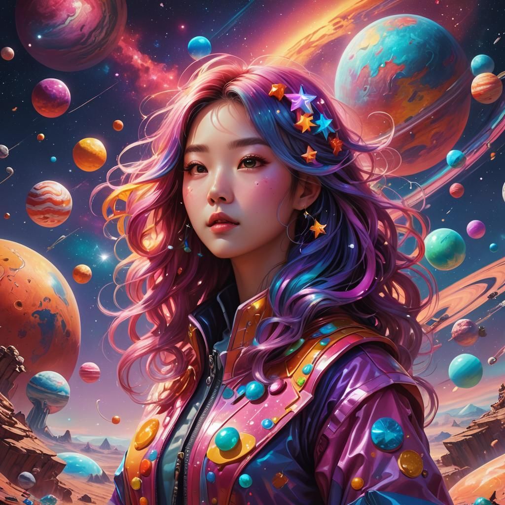 Star-Filled Hair Girl on Alien Planet in Candy Art