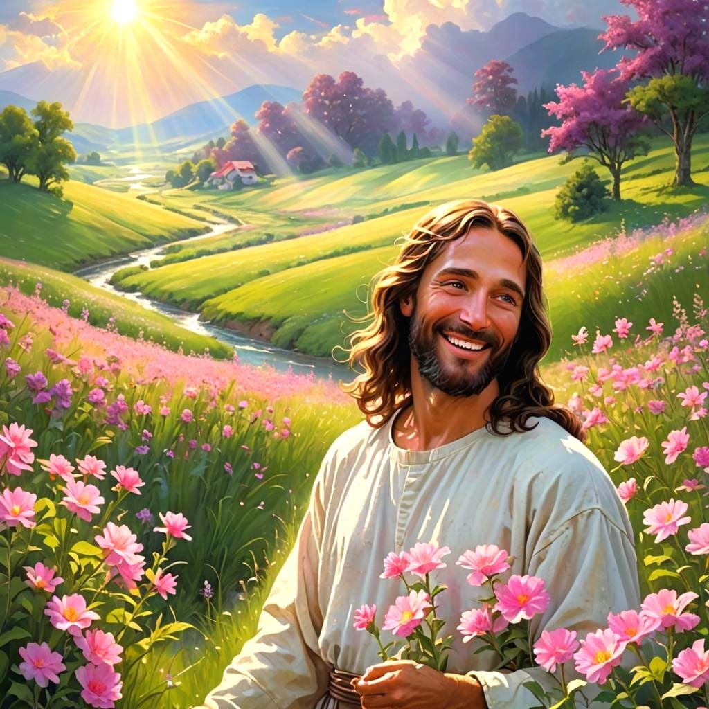 Smiling Jesus in Heavenly Light with Flowers