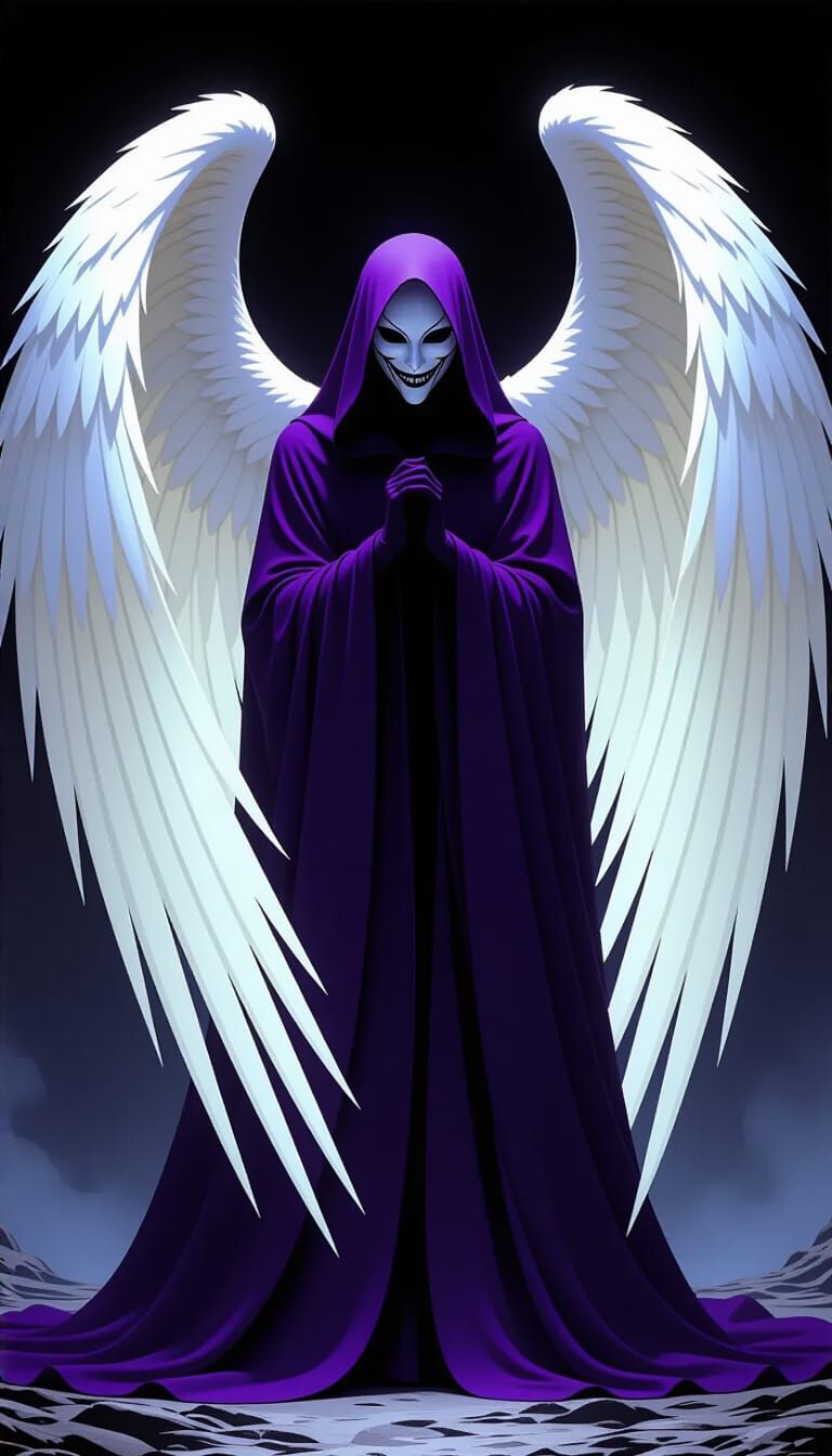 Unsettling Angelic Figure with Masked Smile in Dark Fantasy ...