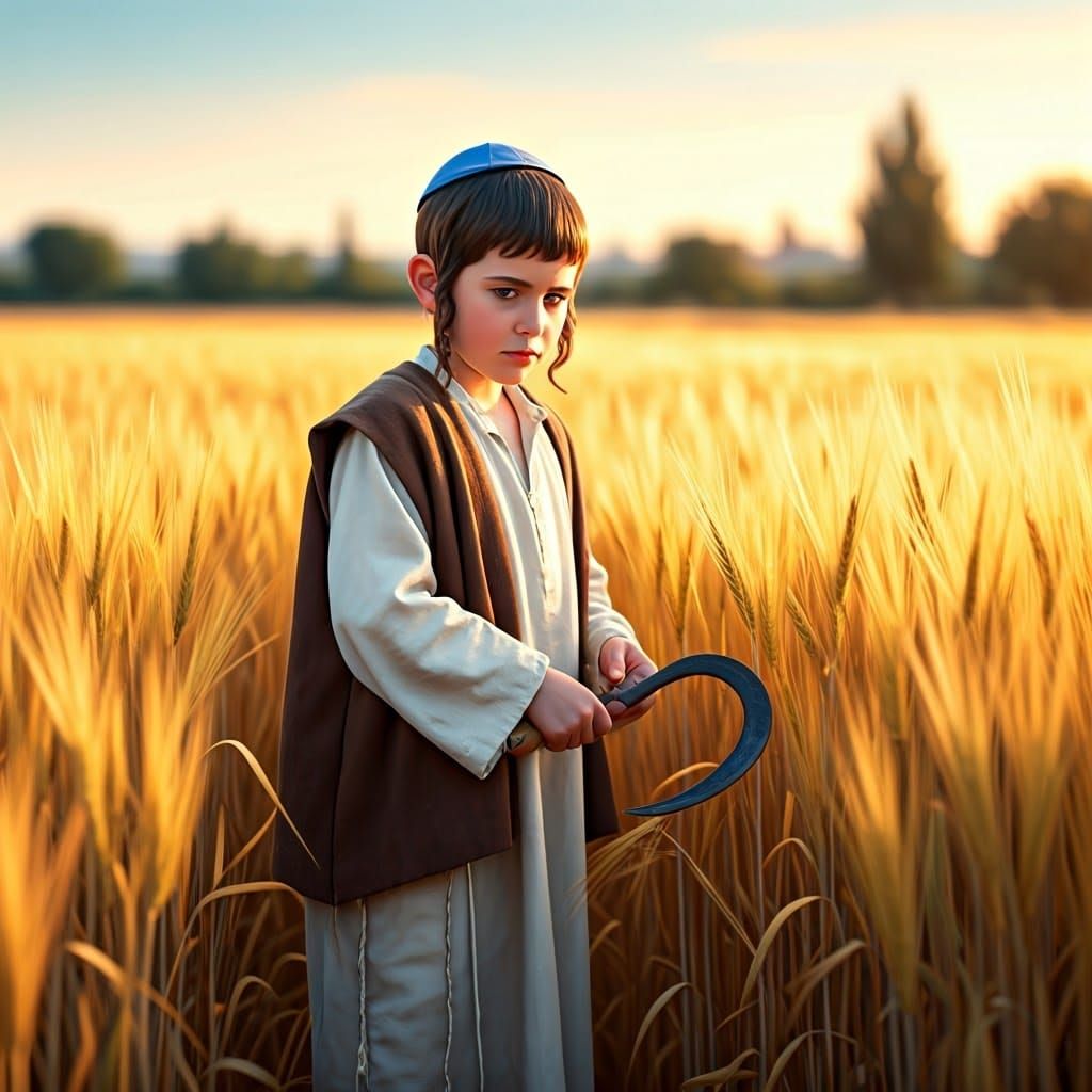 Young Hasidic Boy Harvests Wheat in Golden Field