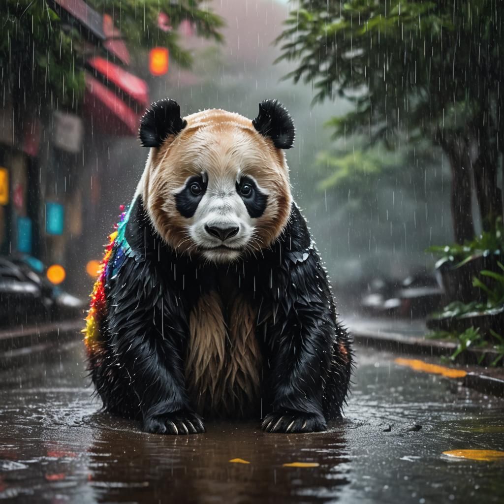 Sad Panda in Rain: Hyperrealistic Splash Art