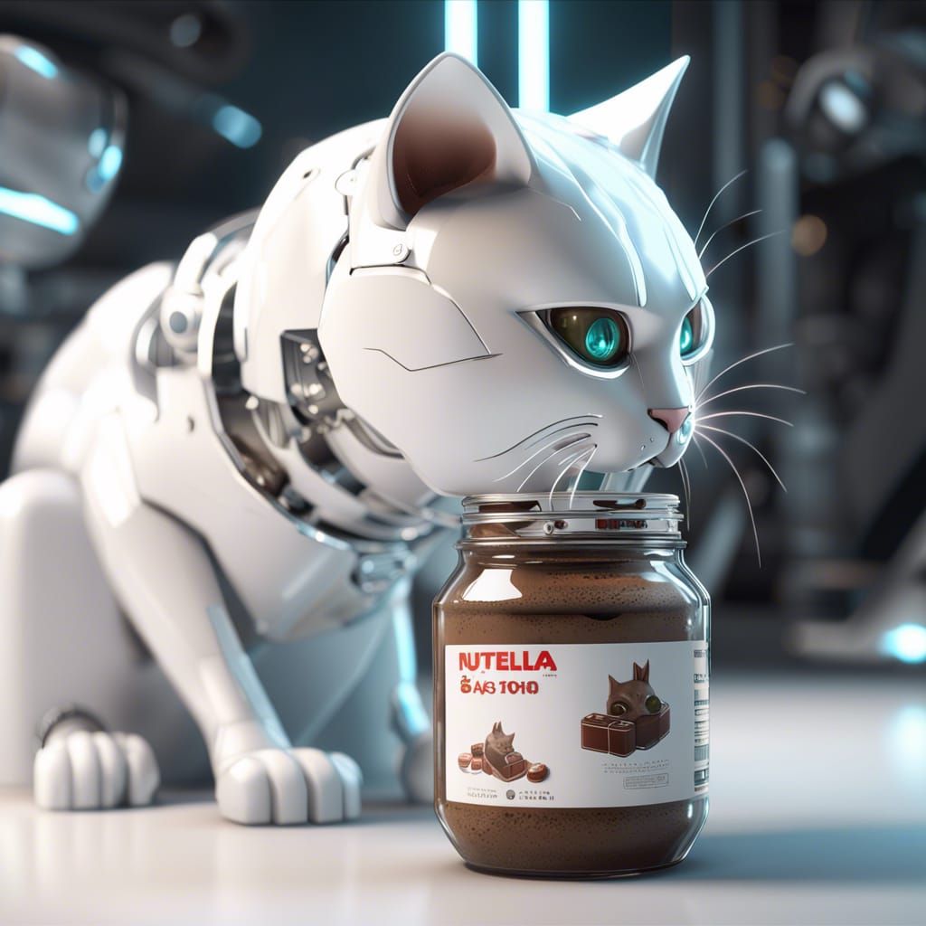 Futuristic White Cat Enjoys Nutella in Sci-Fi Style