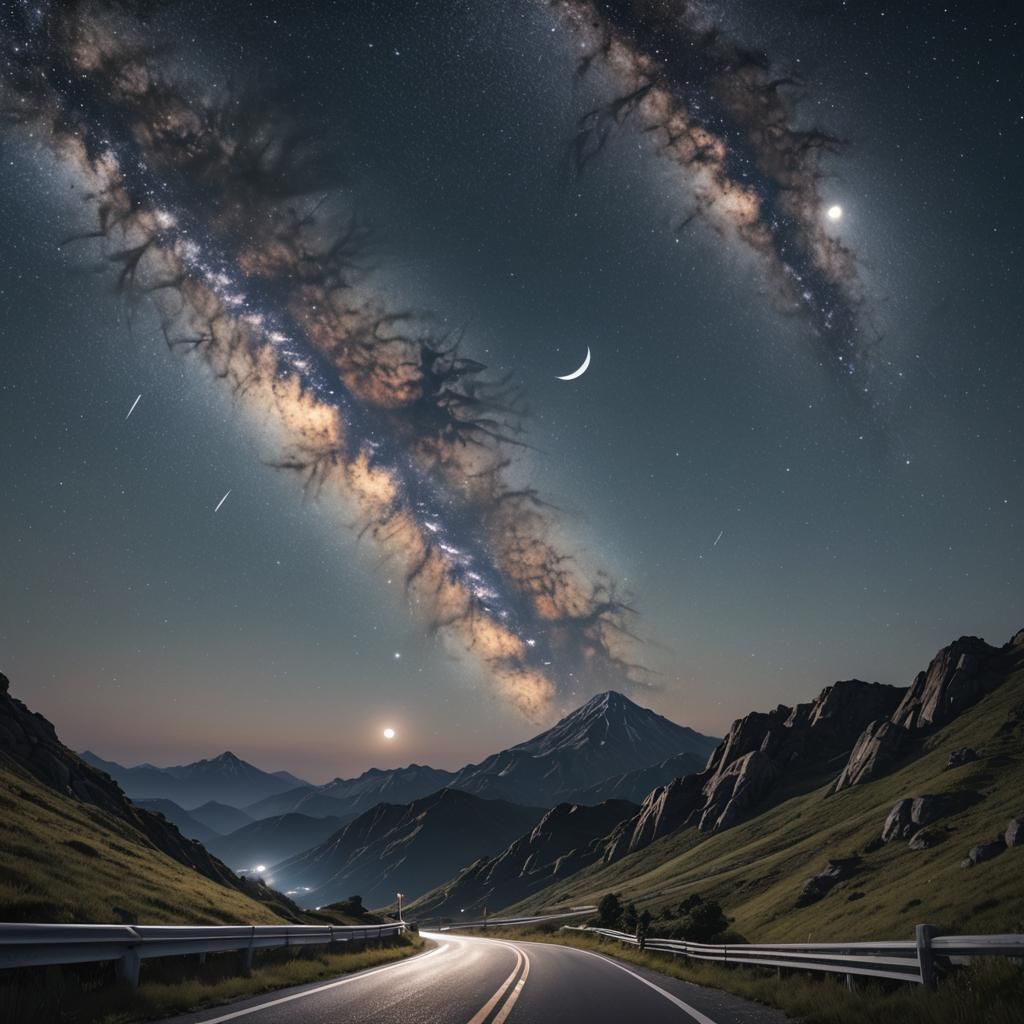 Mountain Road at Night: Anime-Inspired Celestial Vista