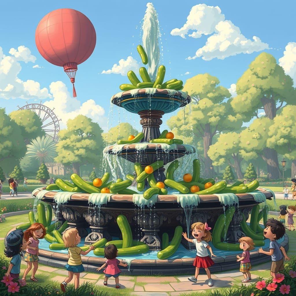 Pickle Fountain in Park, Miyazaki-esque Whimsy
