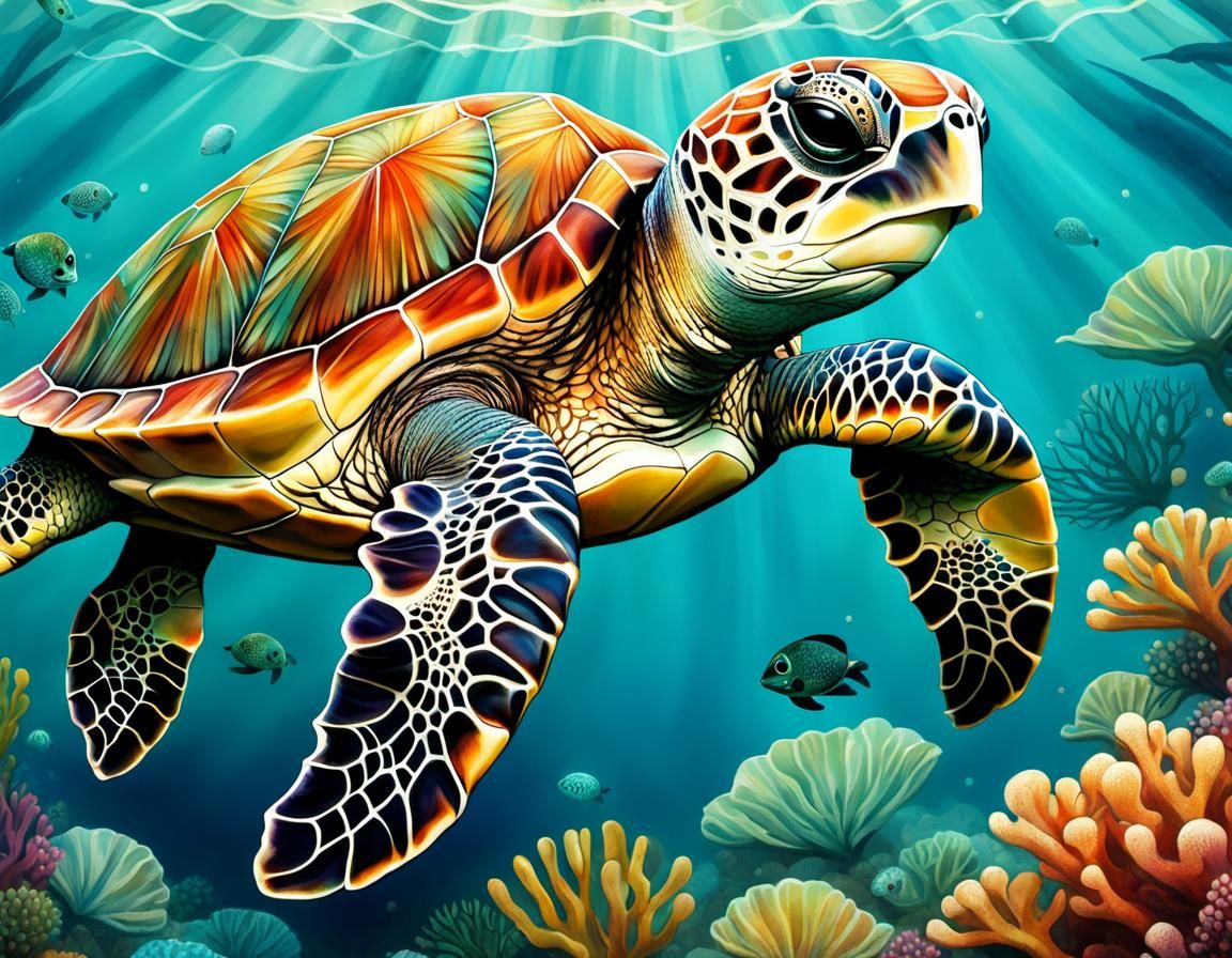 Chibi Sea Turtle Close-Up in Cubist Style