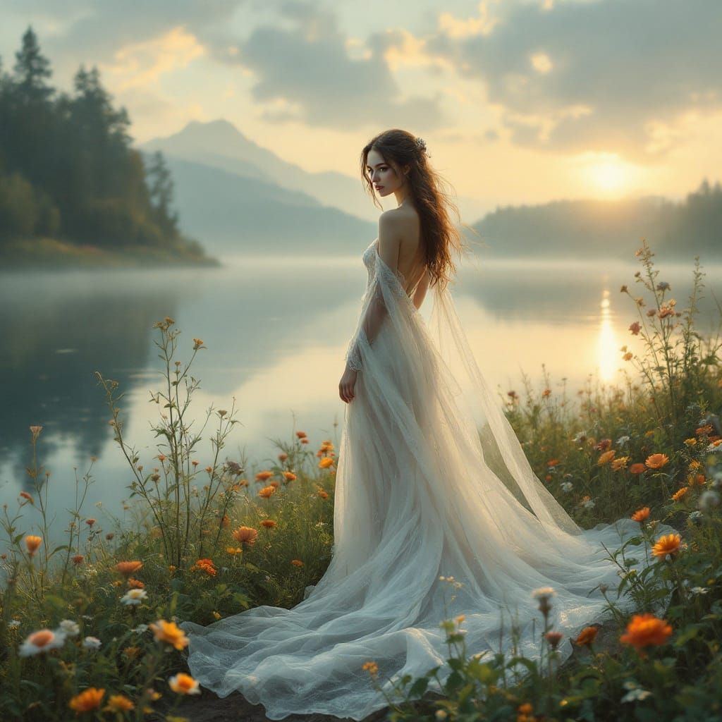 Woman at Serene Lake's Edge, Dreamy Realism