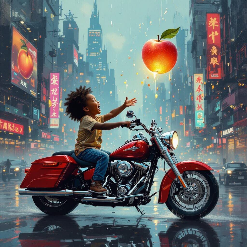 Joyful Child on Cyberpunk Motorcycle with Glowing Peach