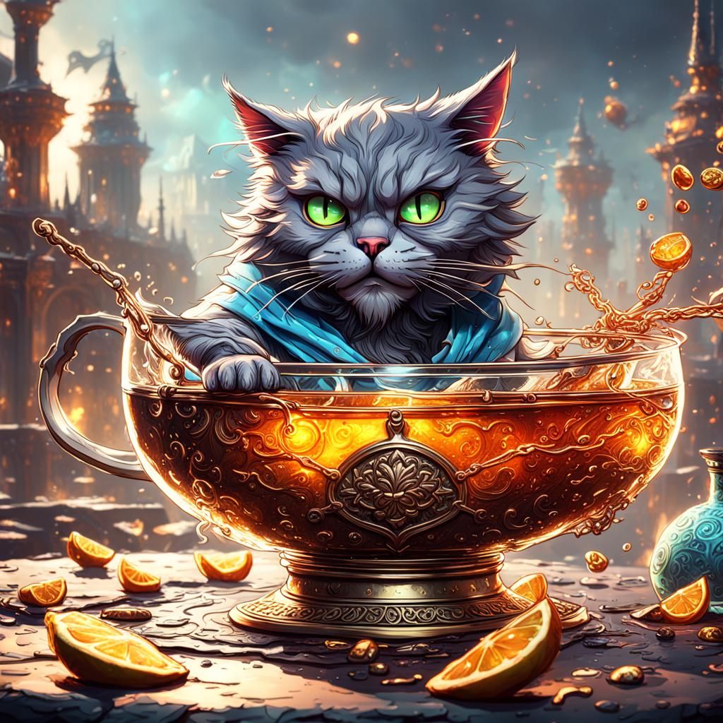 Fantastical Drunk Cat Matte Painting in Deep Color
