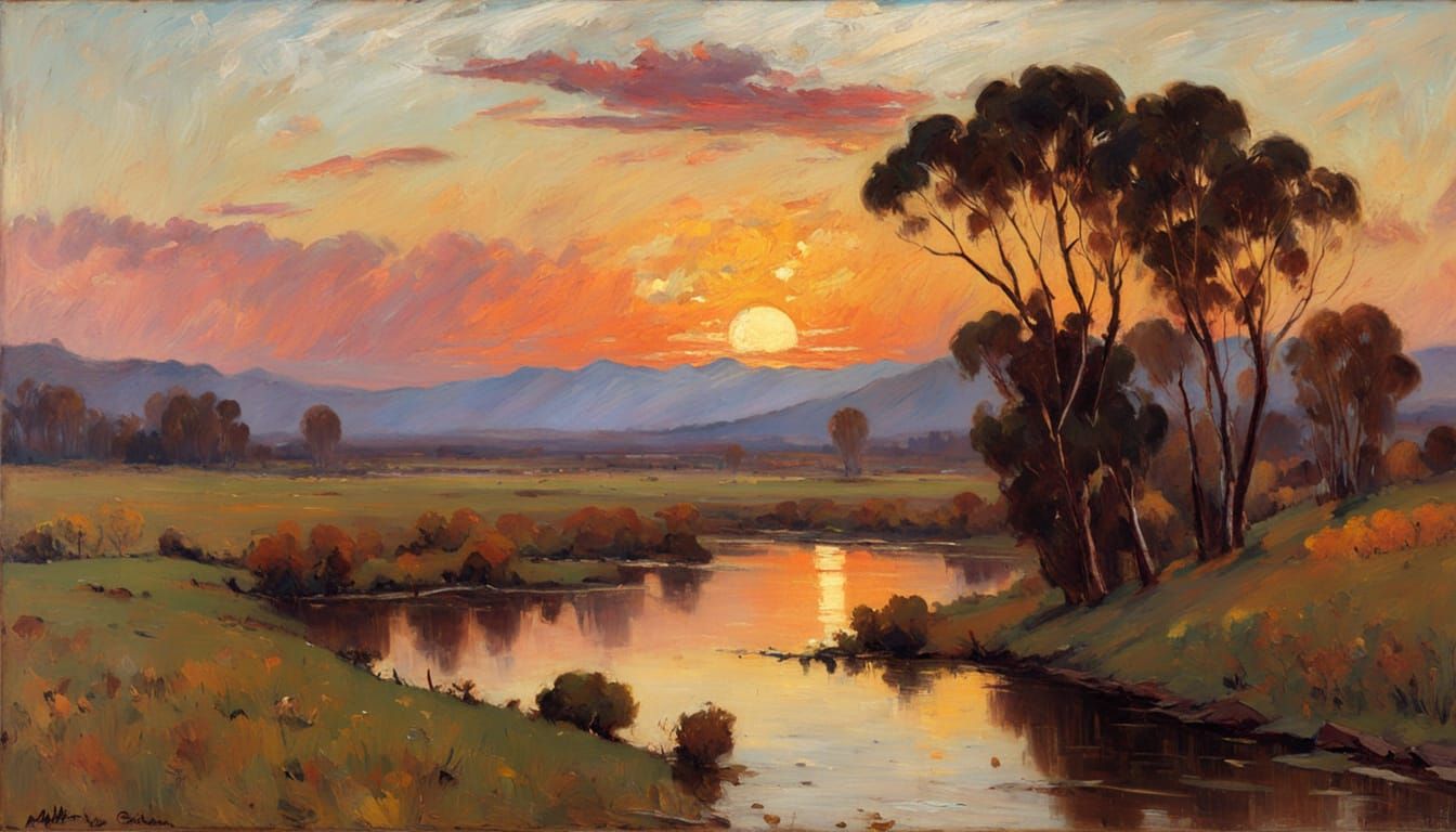Mystical Valley Sunset: Oil Painting in Pictorial Style