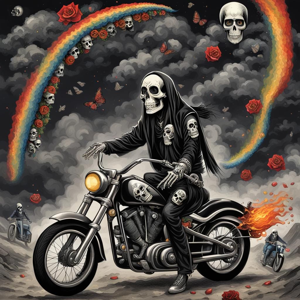 Santa Muerte Rides a Motorcycle: Digital Art