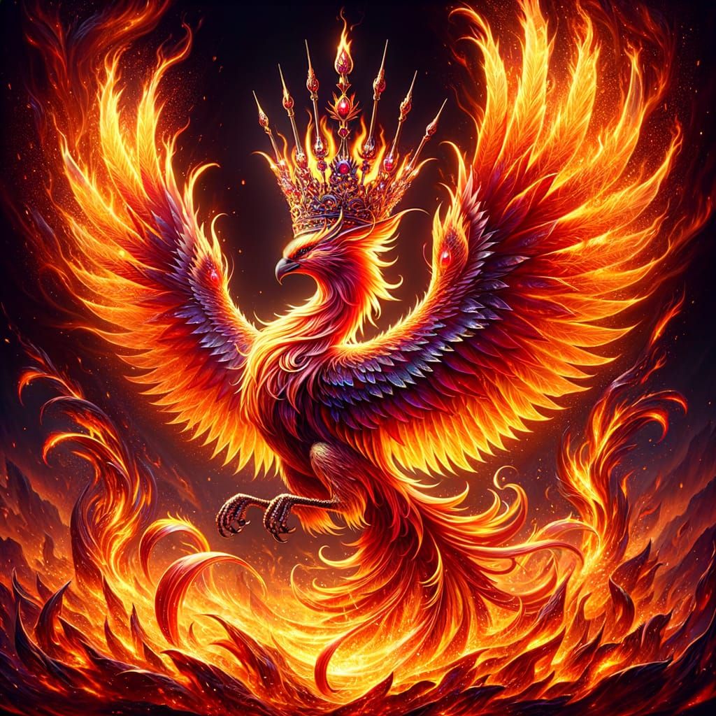 Majestic Phoenix Rising with Regal Crown in Fiery Glory
