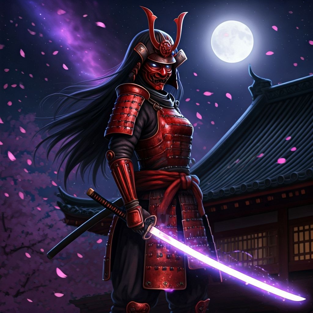 Scarlet Samurai on Temple Roof in Digital Art Style