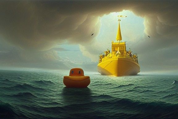 Giant Rubber Duck vs Russian Navy in Dark Fantasy Style