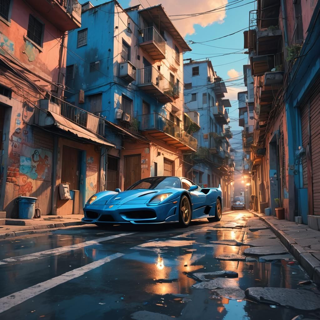 Blue Ferrari F50 in Favela, Anime 3D Art