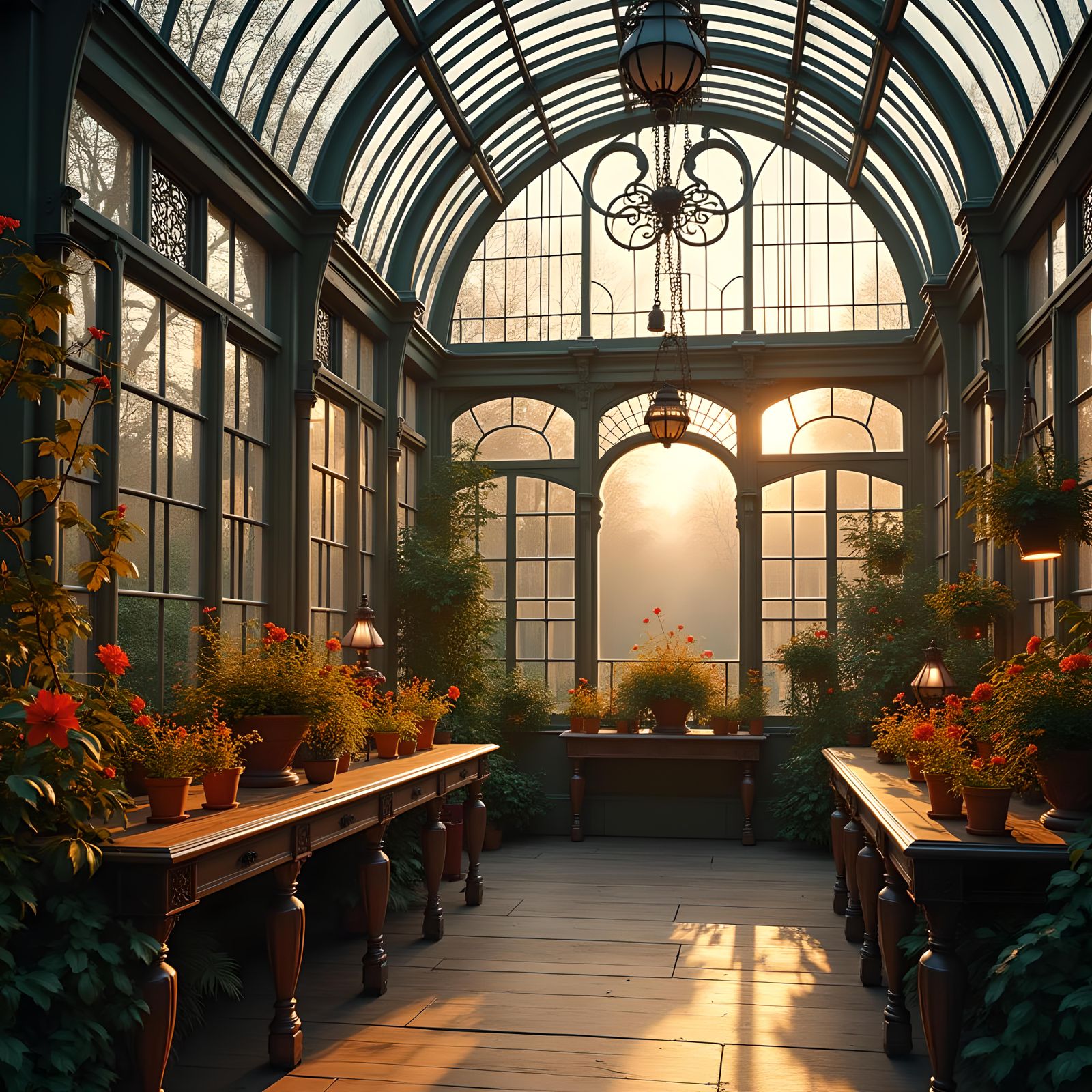 Victorian Greenhouse Interior at Dusk