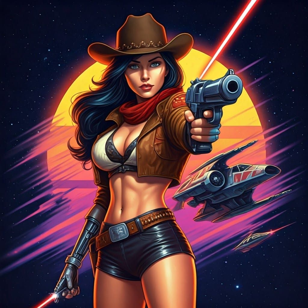Cyberpunk Cowboy Girl Poster in 80s Star Wars Style