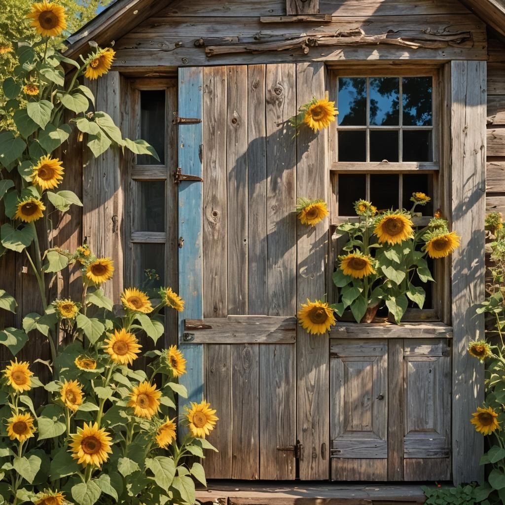 Sun-Drenched Cabin Amongst Swaying Sunflowers