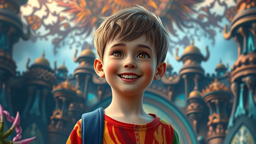 Vibrant Boy in Whimsical Fantasy World