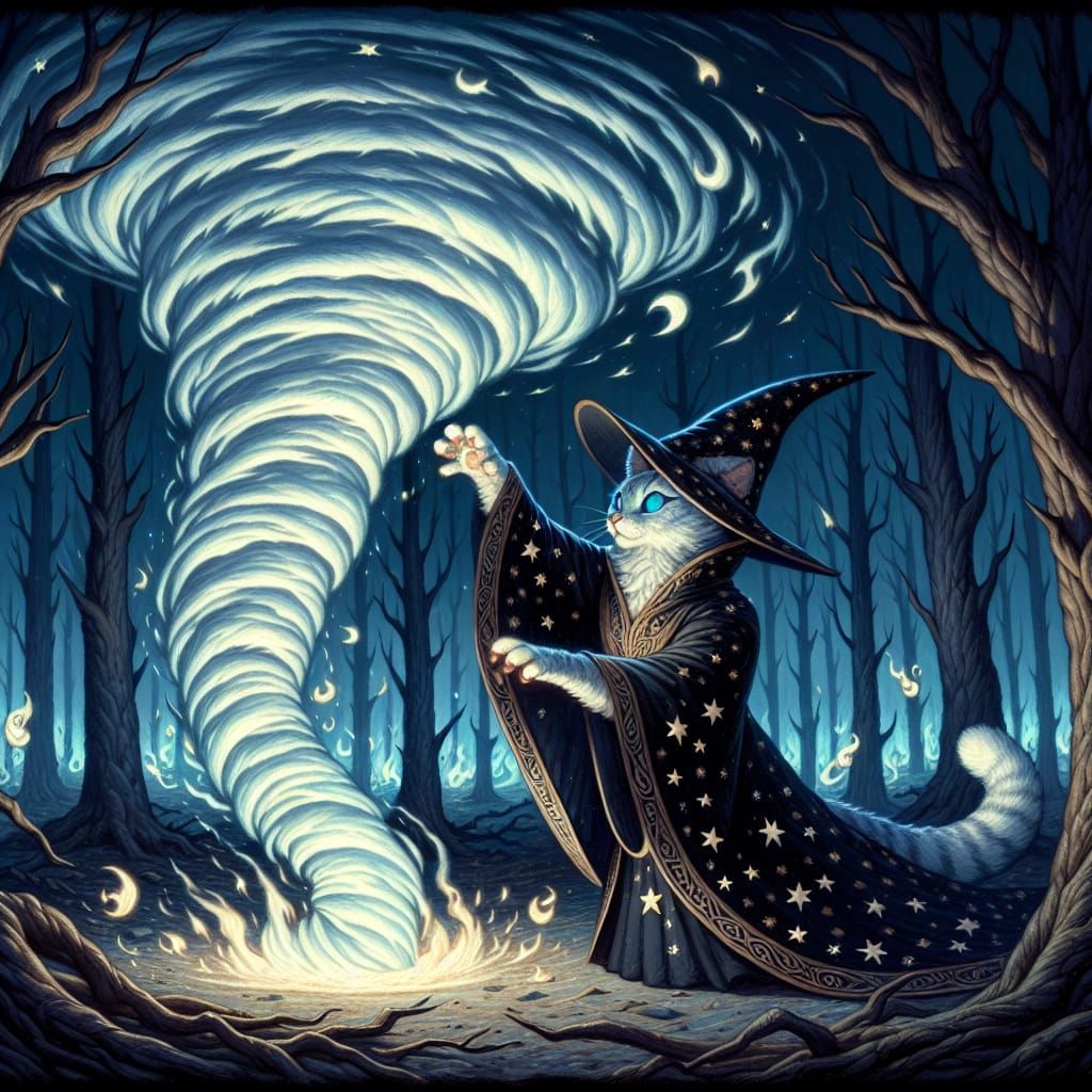 Wizard Cat Conjures Tornado in Eerie Forest