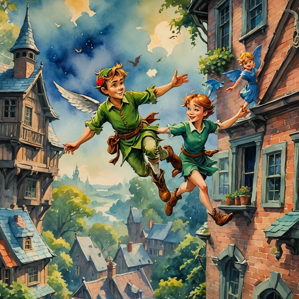 Peter Pan's Flight to Neverland: Gouache Watercolor Painting