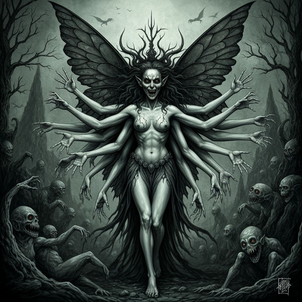 Multi-Armed Dark Fairy in Horror Engraving Style
