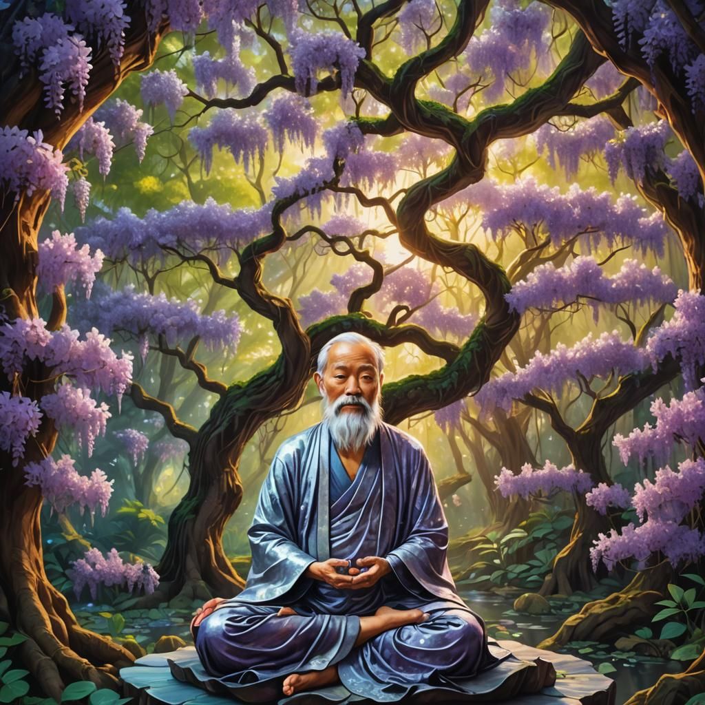 Lao Tzu Meditating Under Wisteria Tree