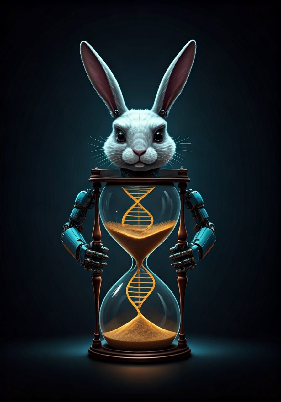 Cyberpunk Cybernetic Rabbit Holds Hourglass with Swirling DN...