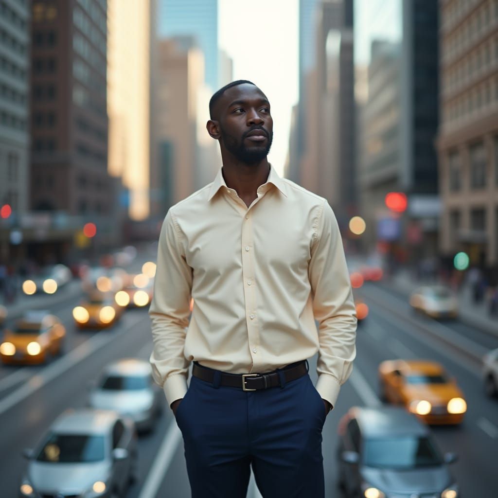 Contemplative Man in Cityscape, Cinematic Style