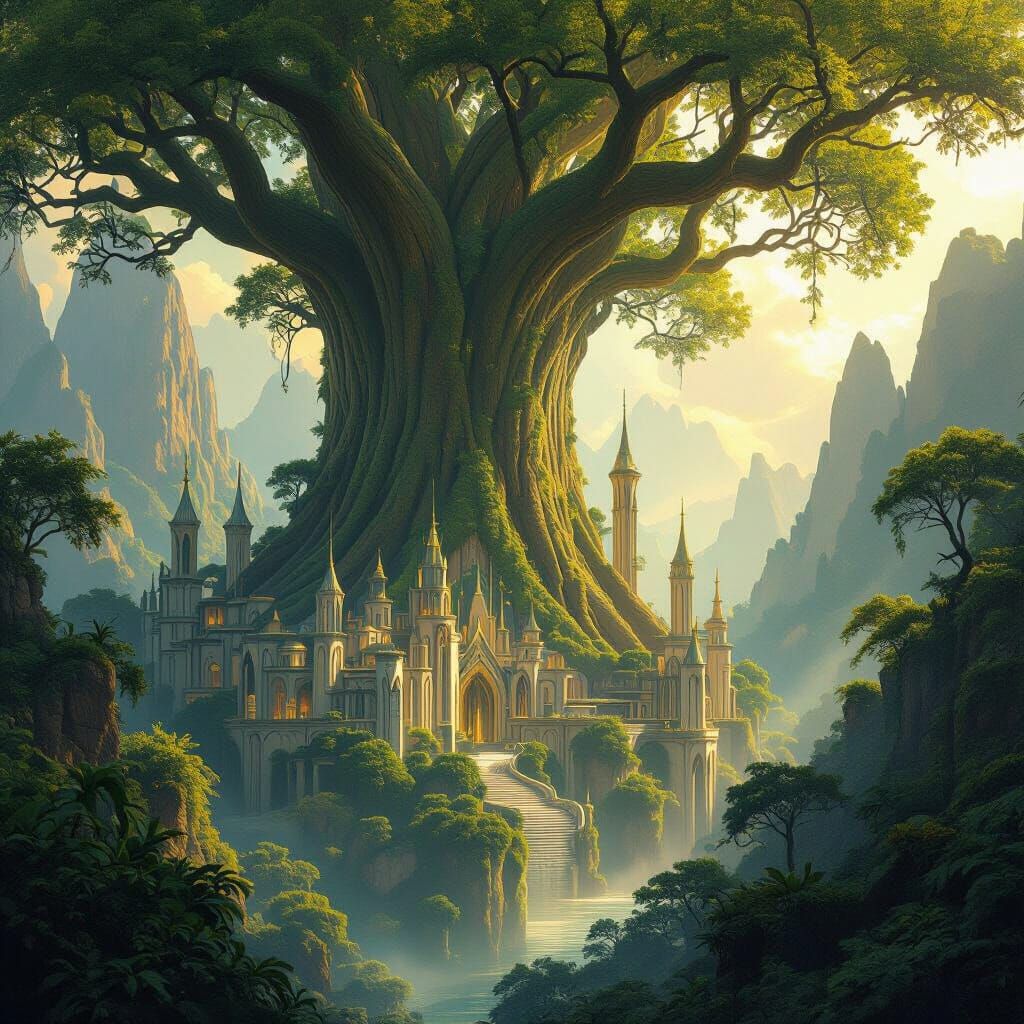 Ancient Elven City Among Giant Trees in Sunlit Forest