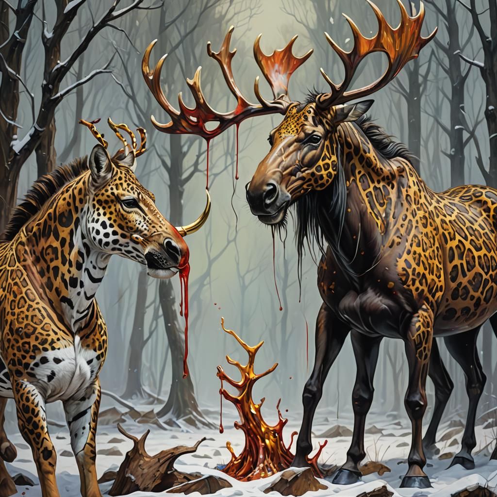 A horse with a horn and a leopard moose with a 40 foot neck