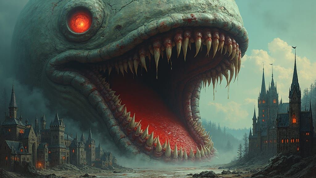 Gigantic, Bloodshot Horror with Twisted Dark Fantasy Landsca...