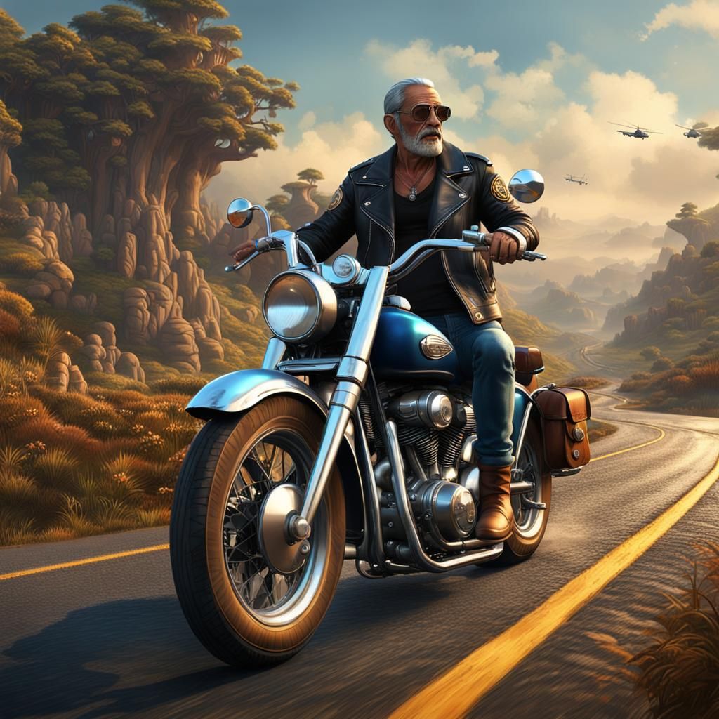 Vintage Chopper on Coastal Road: Detailed Matte Painting