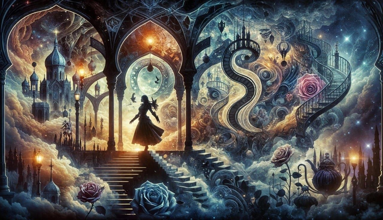 Double-exposure fantasy artwork of a warrior princess wander...