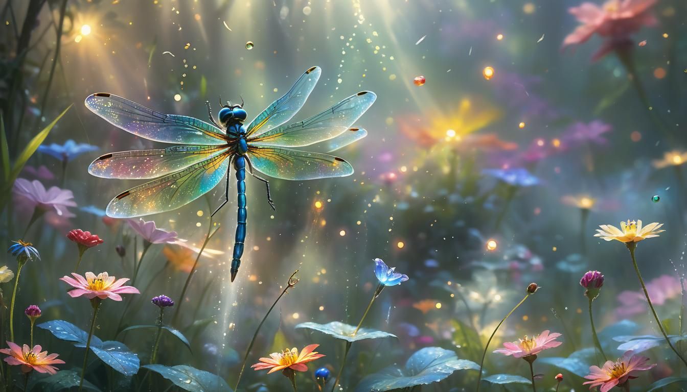 Fairy Riding Dragonfly in Whimsical Garden