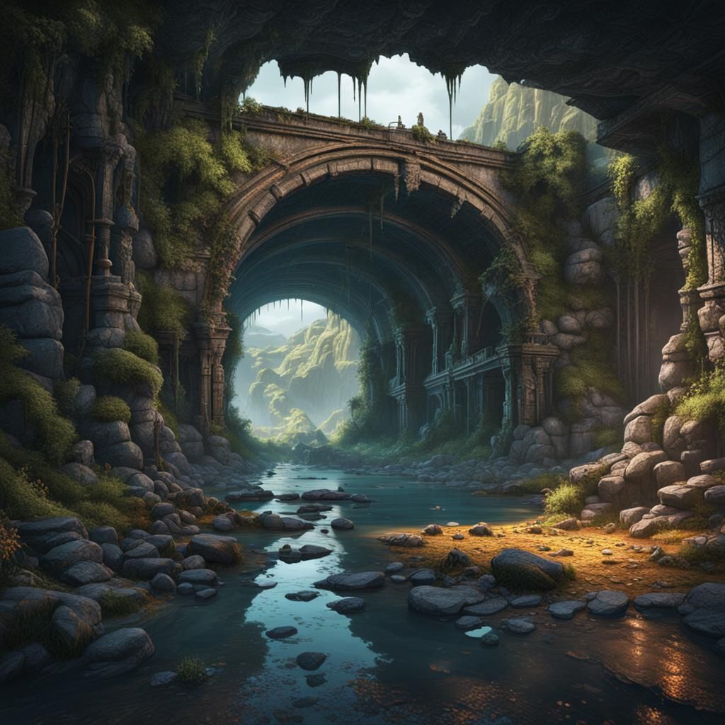 Lost Civilization Under Broken Bridge: Detailed Matte Painti...