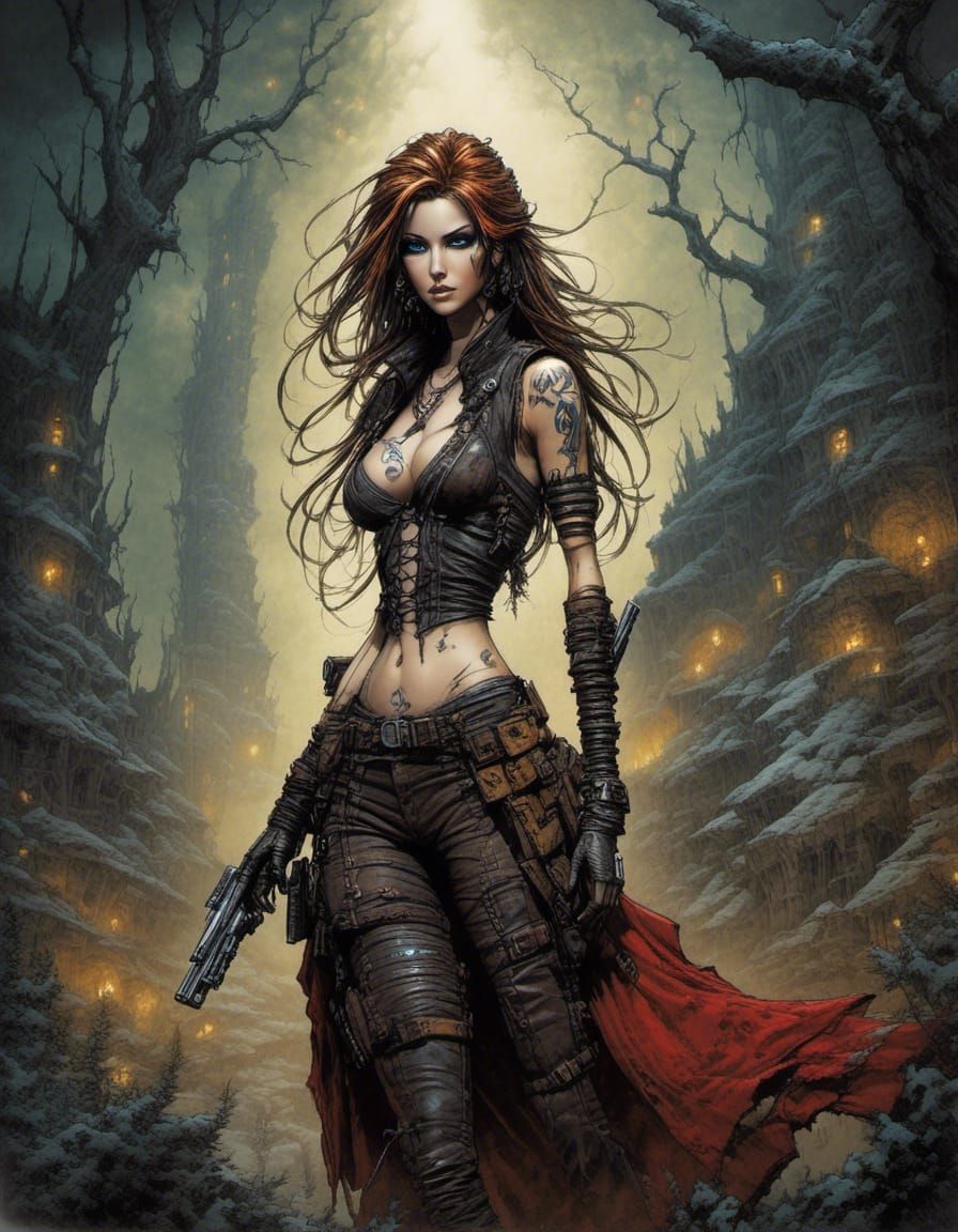 Fairytale Punk Heroine in Dark Forest, Luis Royo Style