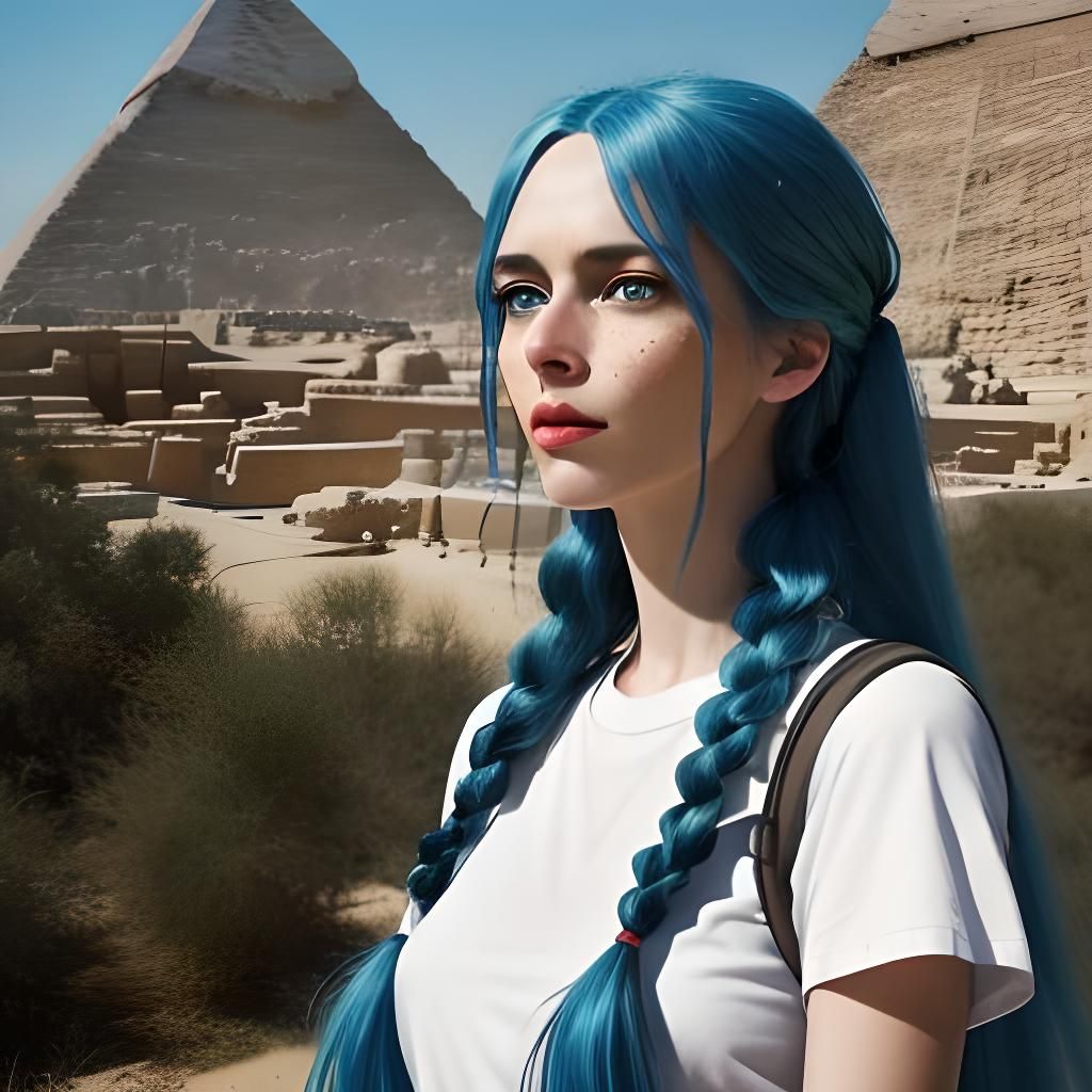Blue-Haired Woman at Giza Pyramids: Hyper-Realistic Photo