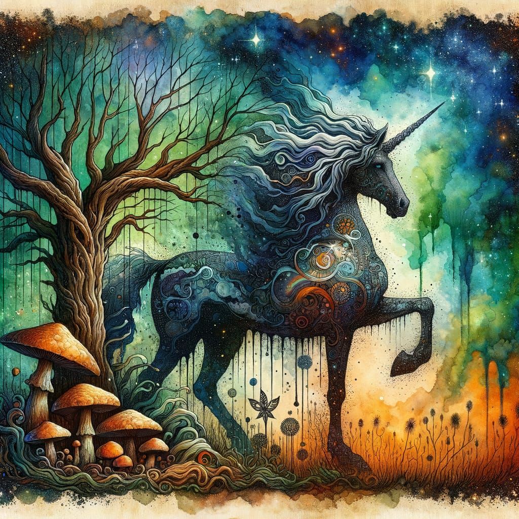 Haunting Watercolor Pegasus Silhouette Near Aged Willow