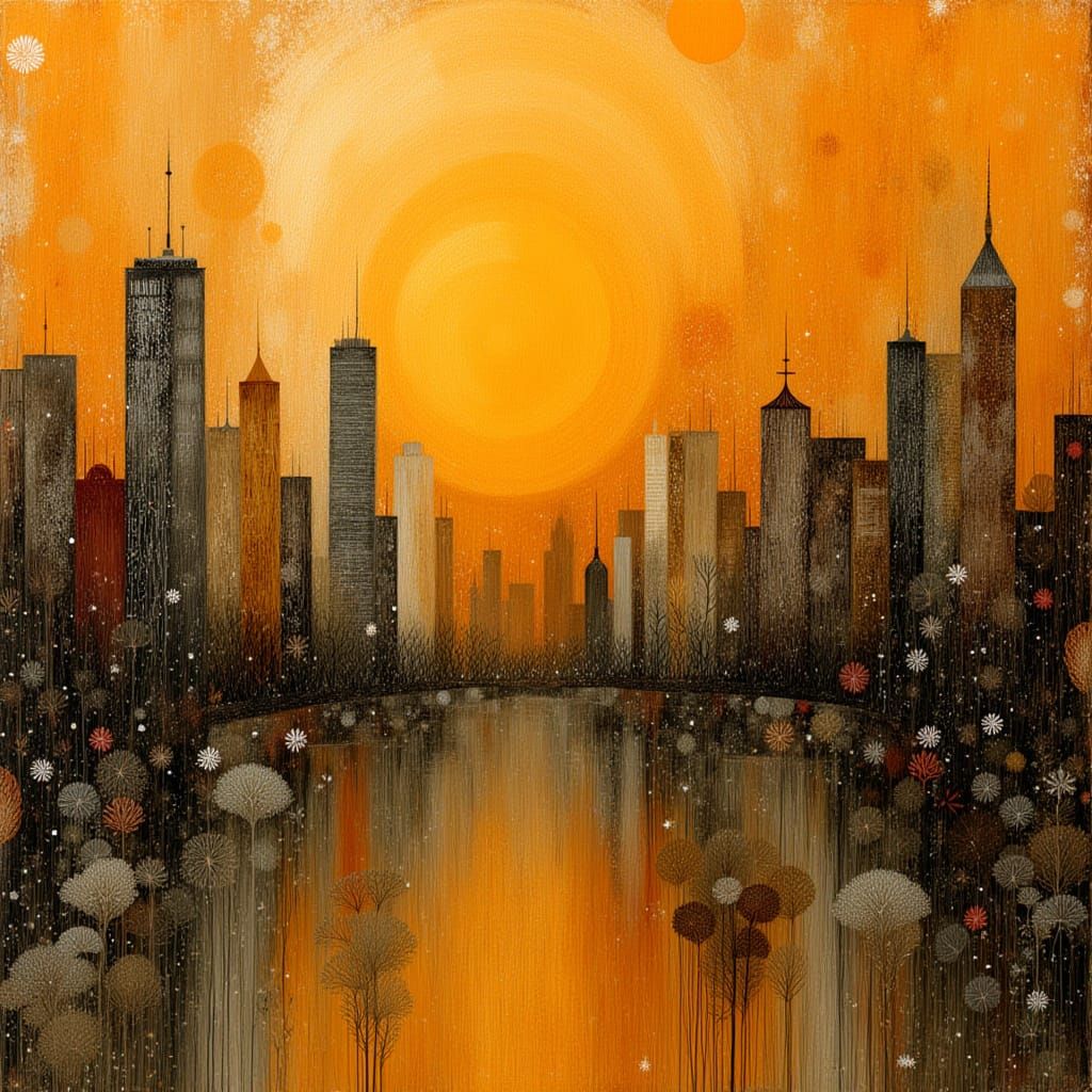 Expressive Cityscape Sunset with Encaustic Impasto and Ink