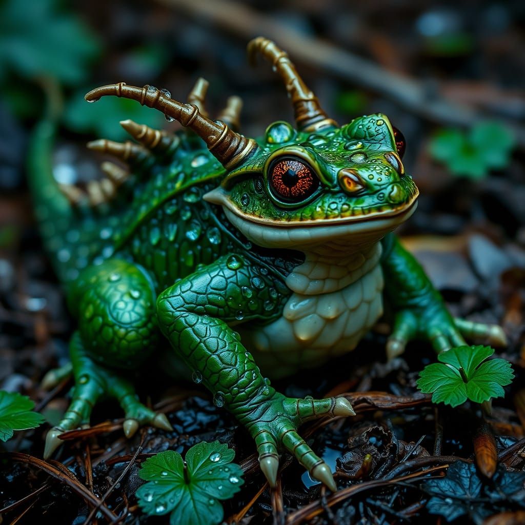 Dragon Toad Hybrid in Rainy Forest Floor Close-Up