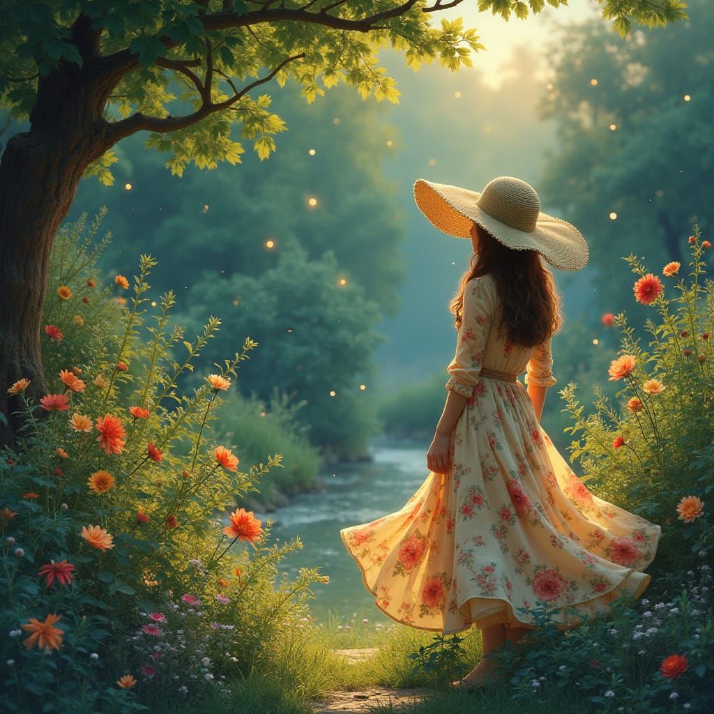 Whimsical English Garden at Twilight in Impressionist Style