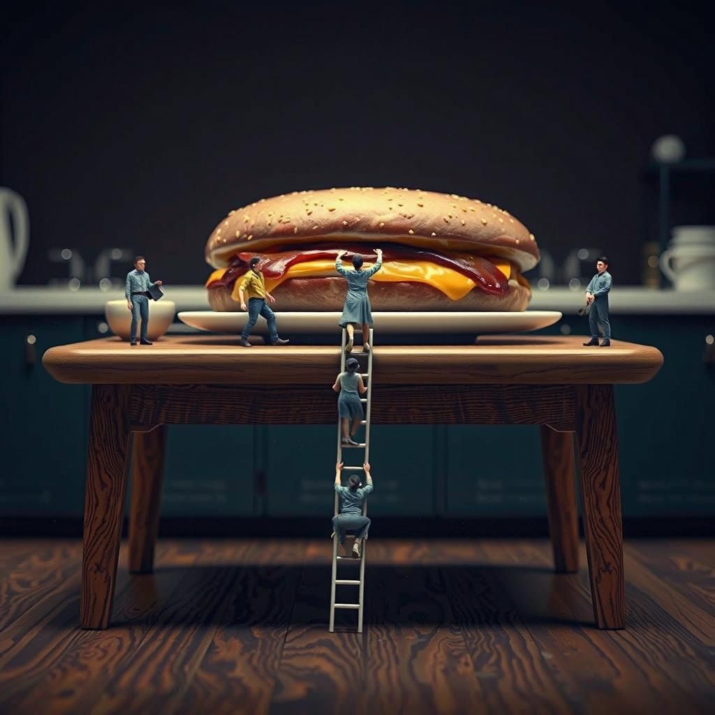 Minuscule People Climb Kitchen Table in Hyperrealistic Art