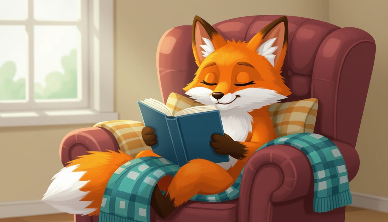 Cartoon Fox Reading in Overstuffed Chair