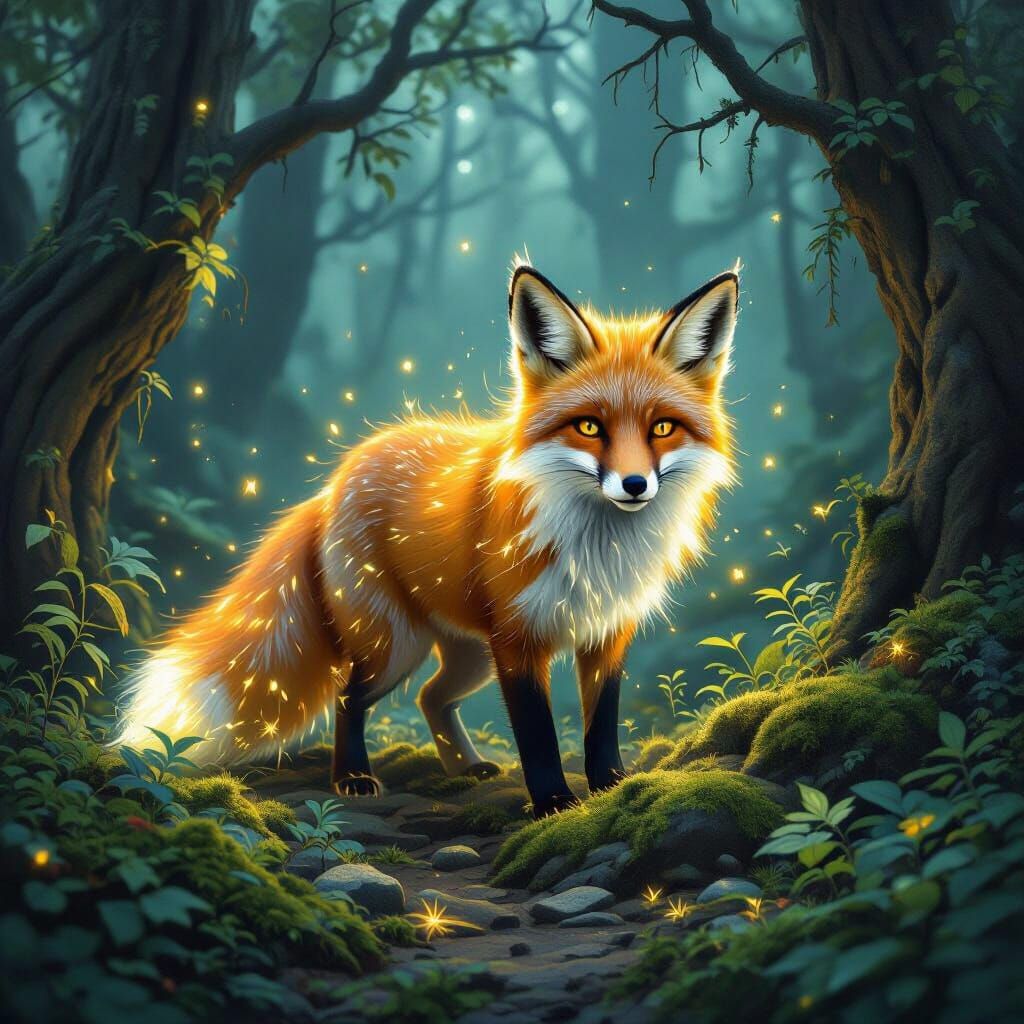 Bioluminescent Fox-Firefly Hybrid in Enchanted Forest
