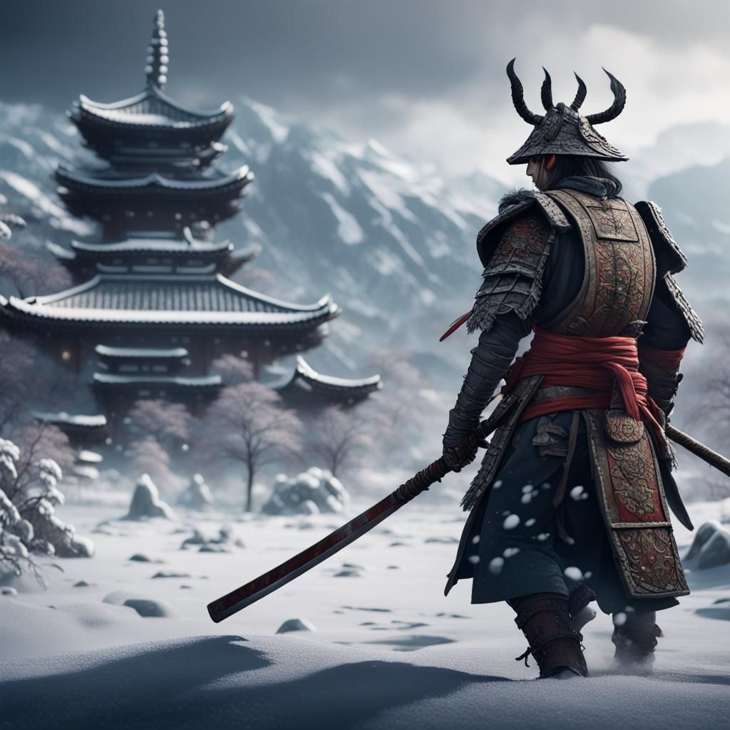 Samurai Warrior in Winter Weather: Detailed Matte Painting