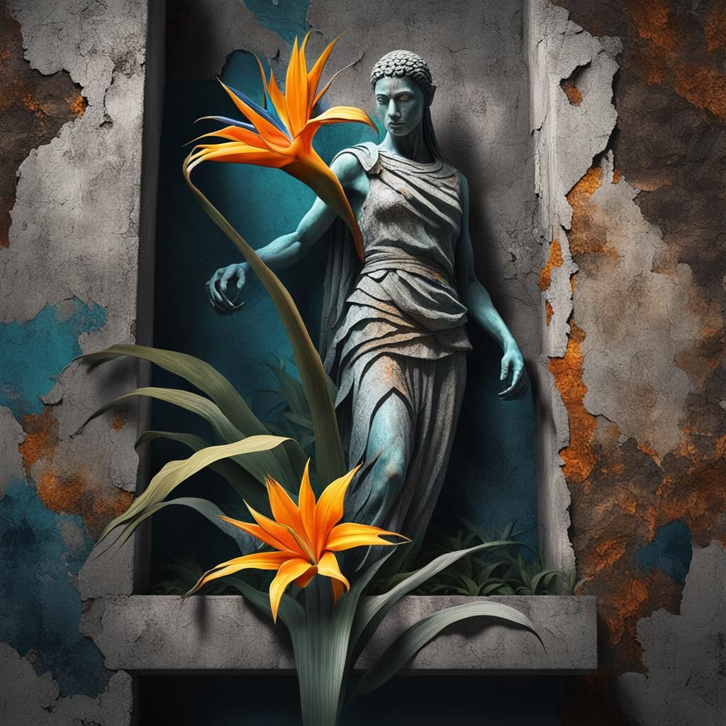 Statue Figure Breaks Wall Revealing Flower, 3D Art