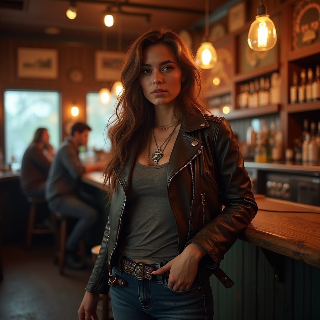 Hyper-Realistic Photo of a Confident Woman in Biker Gear