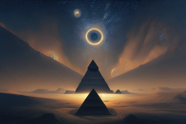 Great Pyramids Under Astral Sky as Oil Painting