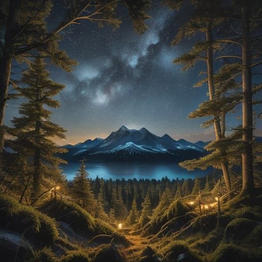 Surreal Magic Landscape at Midnight in Vibrant Floral Colors