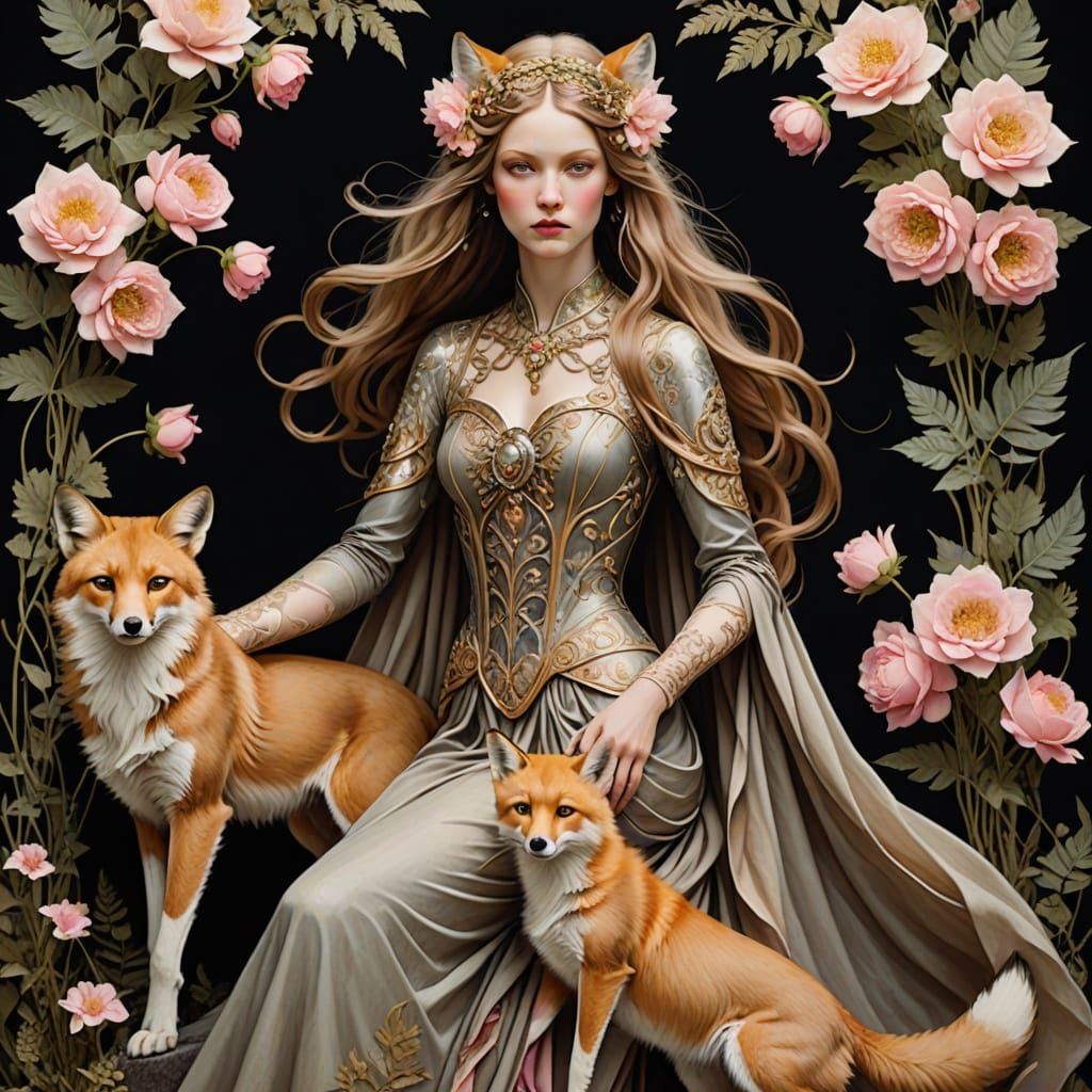 Elegant Elven Woman with Fox in Art Nouveau Style